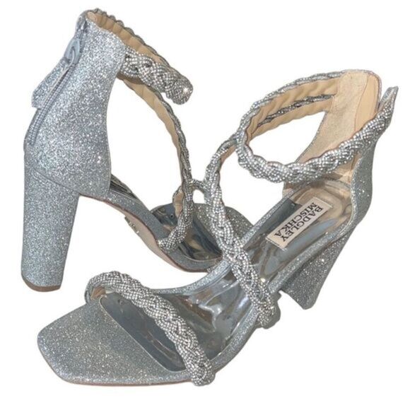Badgley Mischka Fenix Silver Braided Rhinestone Block Heels Size 8 - Picture 1 of 12